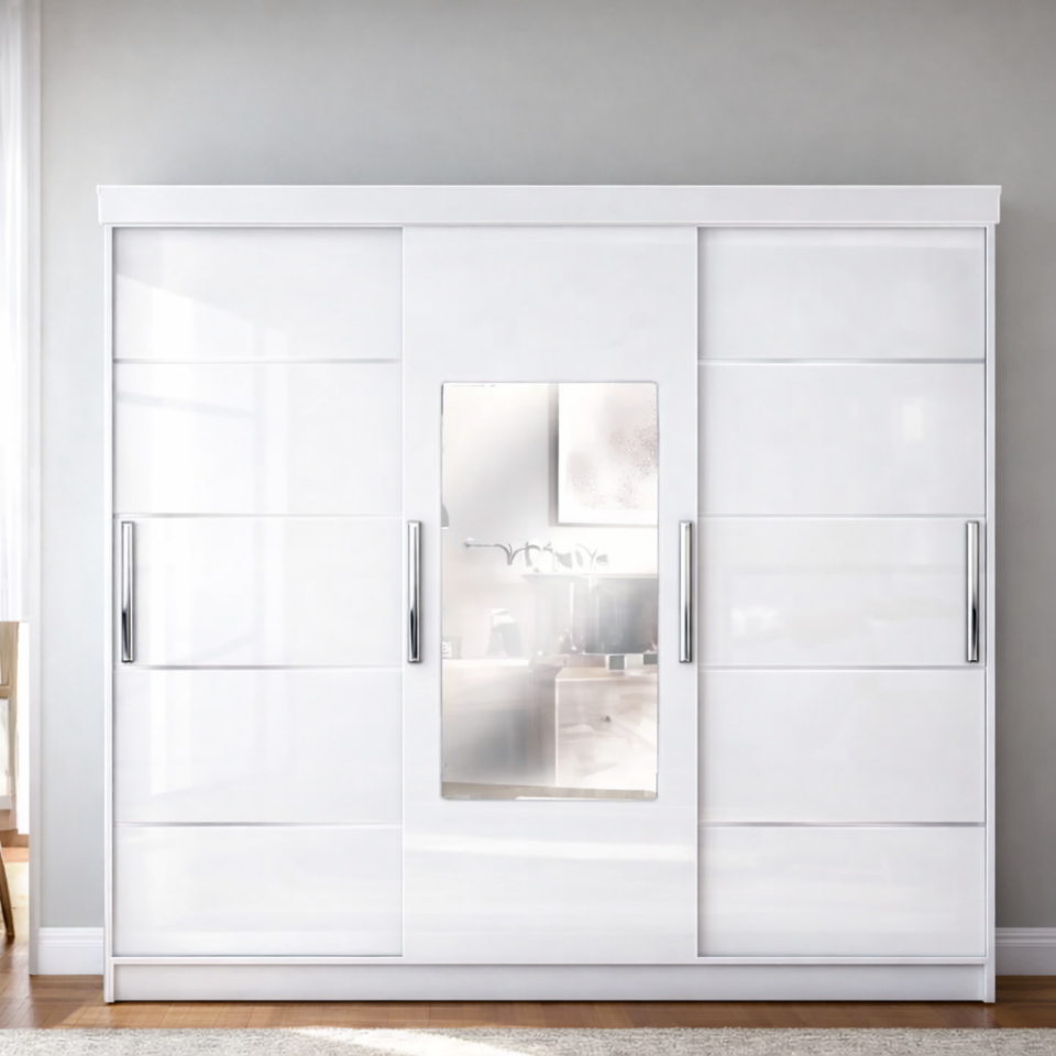 Sürgülü Gardırop Üç Kapaklı aynalı (275/210) Parlak Beyaz