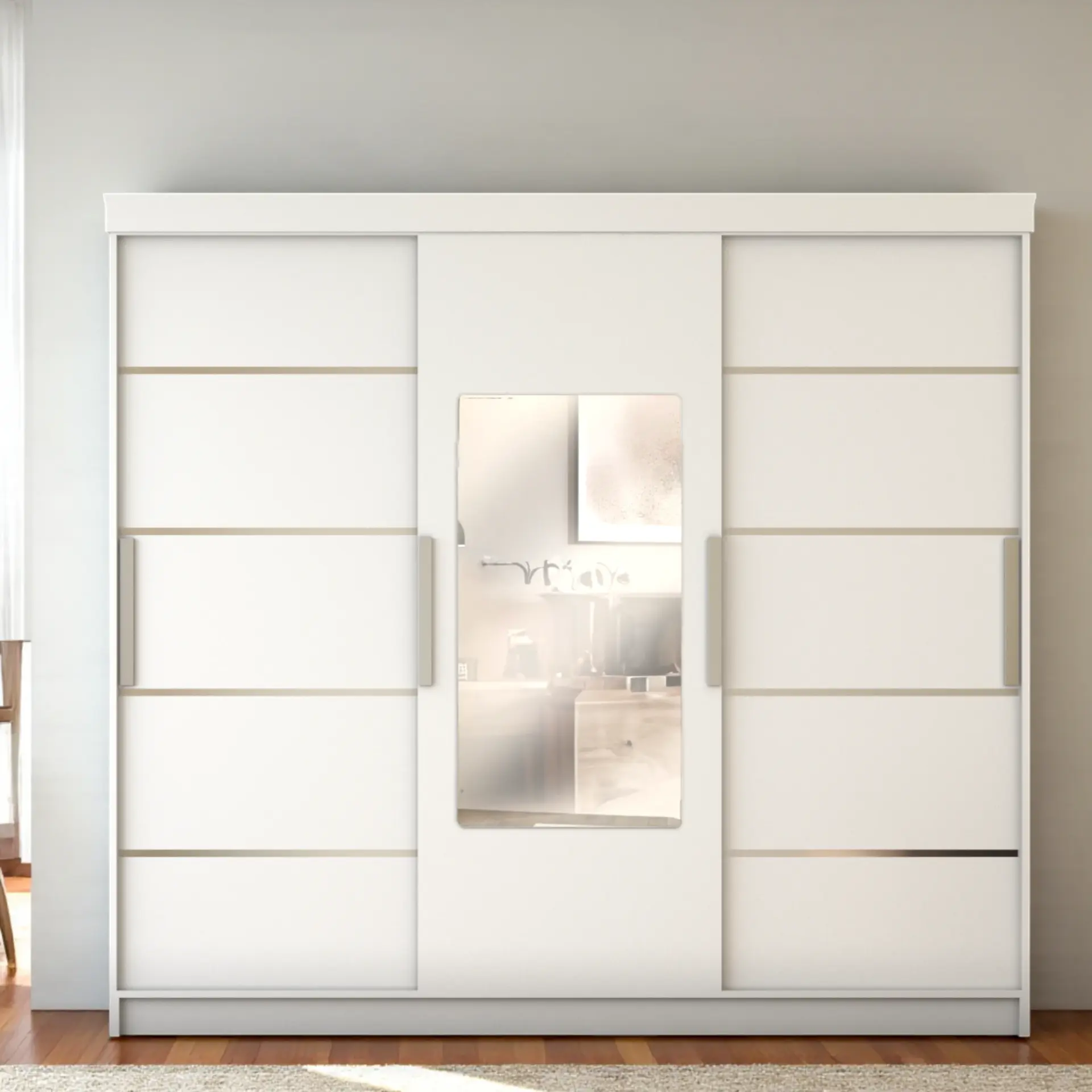 Sürgülü Gardırop Üç Kapaklı aynalı (275/210) Parlak Beyaz