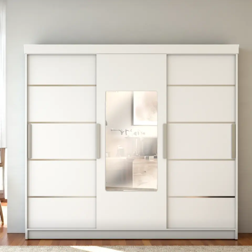 Sürgülü Gardırop Üç Kapaklı aynalı (275/210) Parlak Beyaz