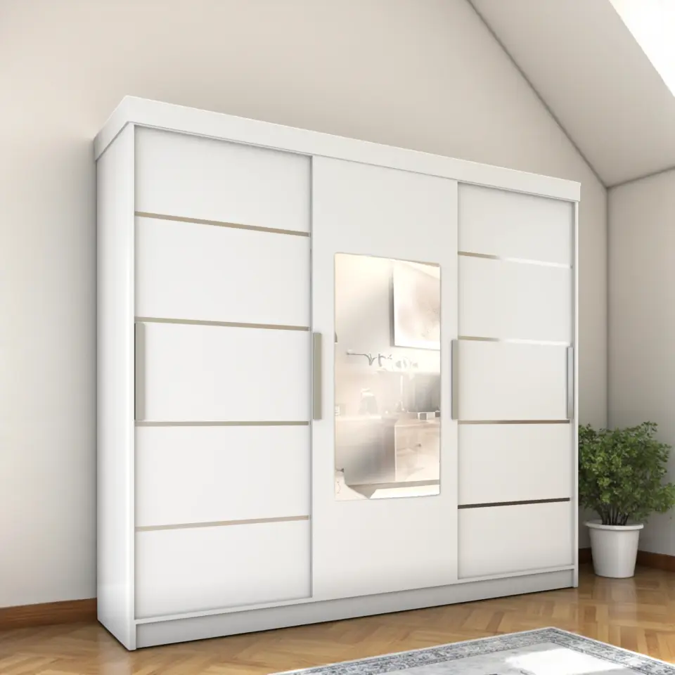 Sürgülü Gardırop Üç Kapaklı aynalı (275/210) Parlak Beyaz