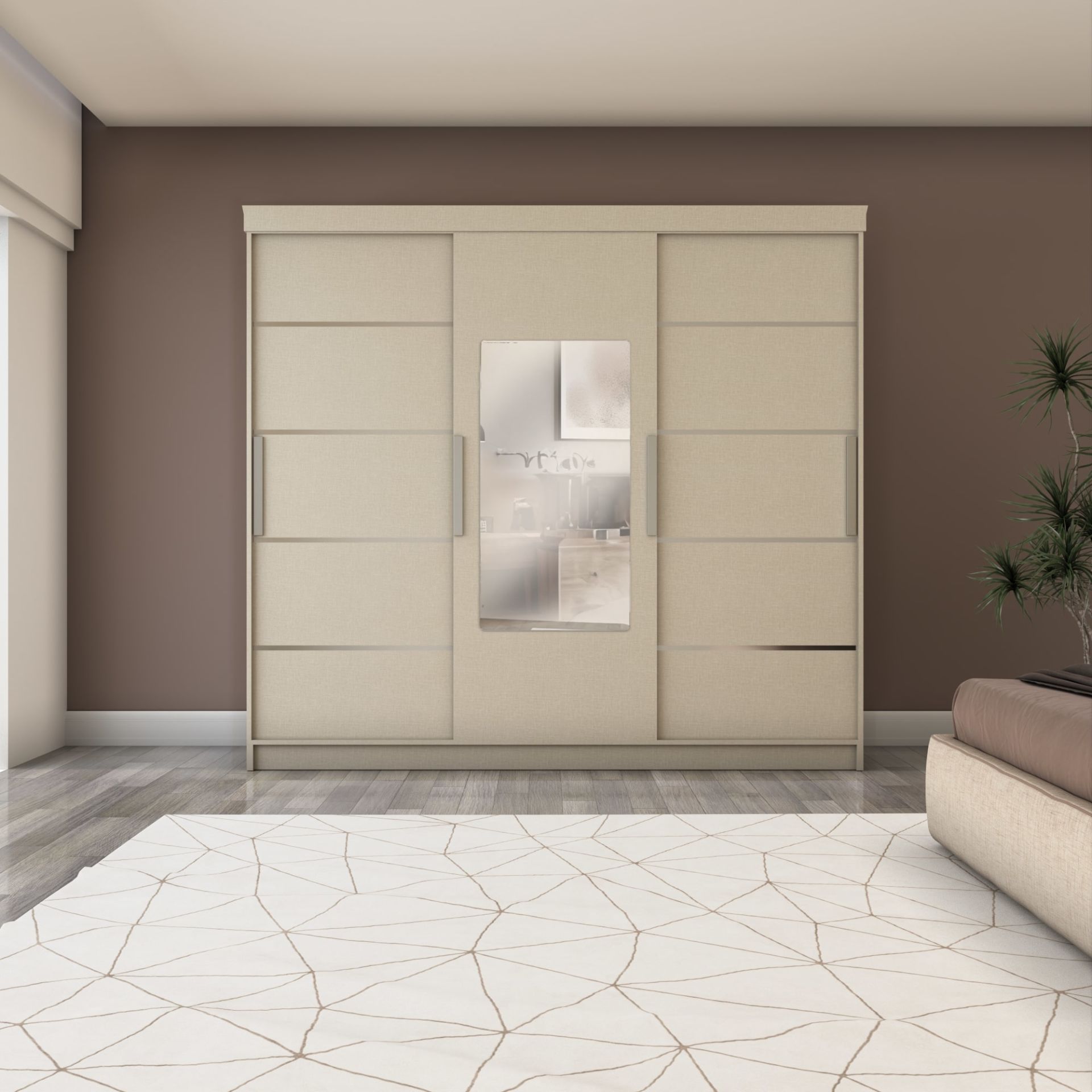 Sürgülü Gardırop Üç Kapaklı Aynalı 240/210cm (KOTON VİZON)