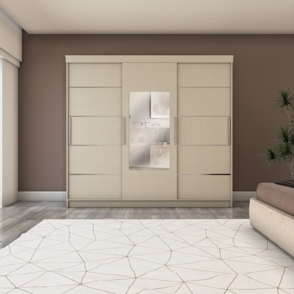 Sürgülü Gardırop Üç Kapaklı Aynalı 240/210cm (KOTON VİZON)