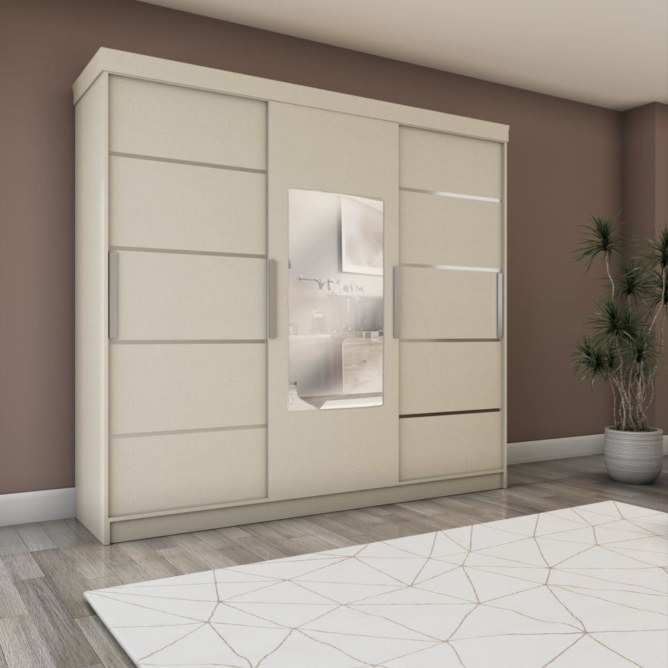 Sürgülü Gardırop Üç Kapaklı Aynalı 240/210cm (KOTON VİZON)
