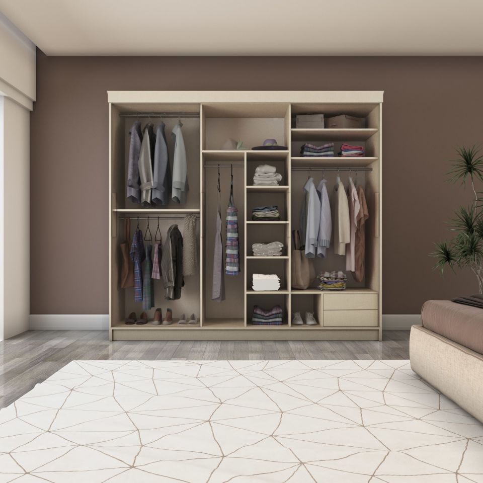 Sürgülü Gardırop Üç Kapaklı Aynalı 240/210cm (KOTON VİZON)