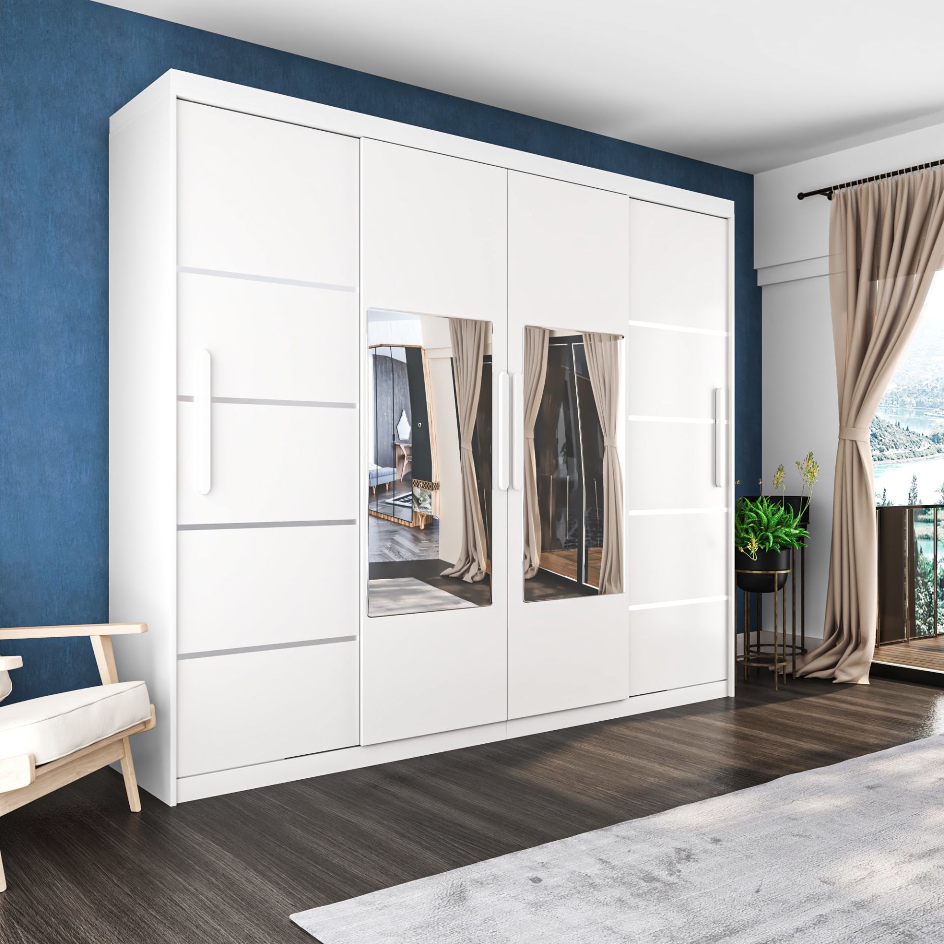 Sürgülü Gardırop Dört Kapaklı Aynalı 280/230cm Parlak Beyaz