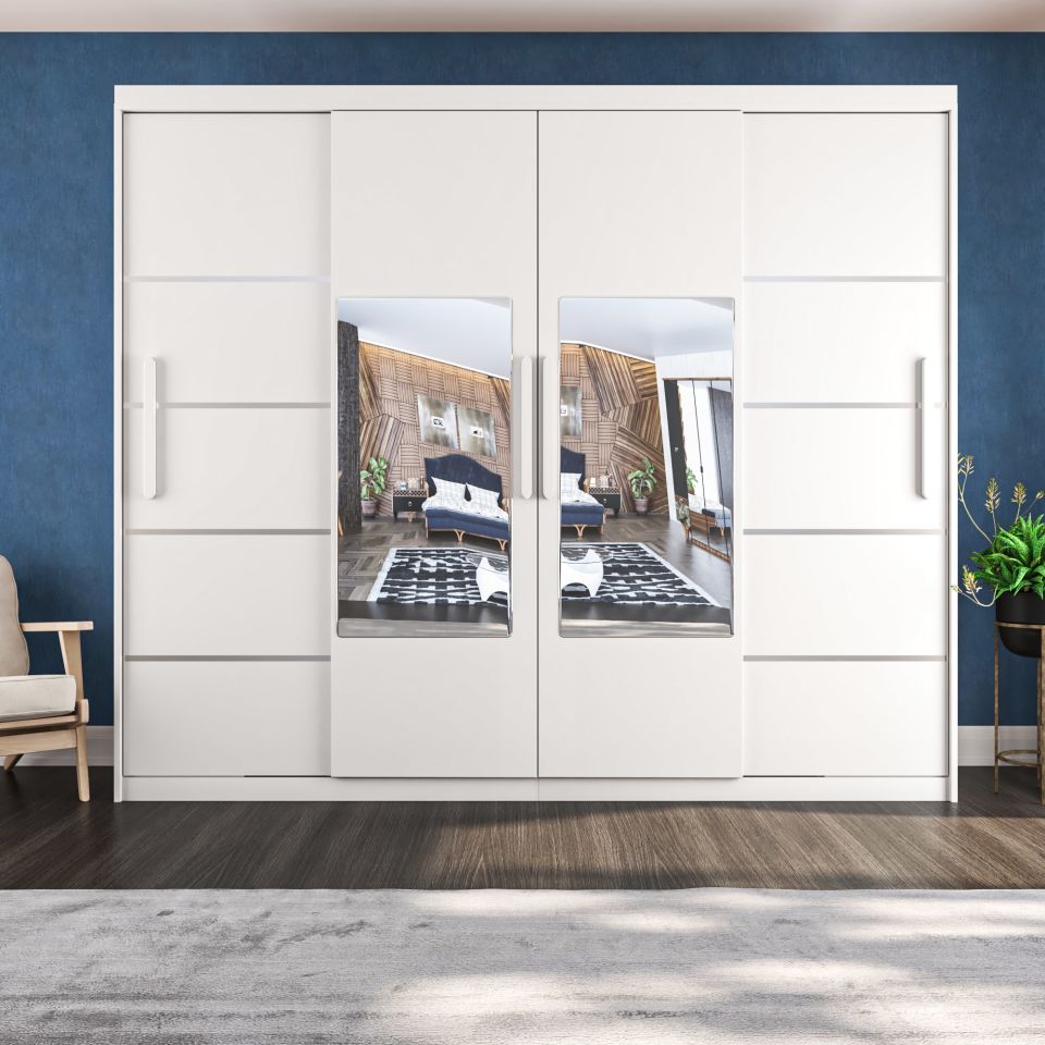 Sürgülü Gardırop Dört Kapaklı Aynalı 400/230cm Parlak Beyaz