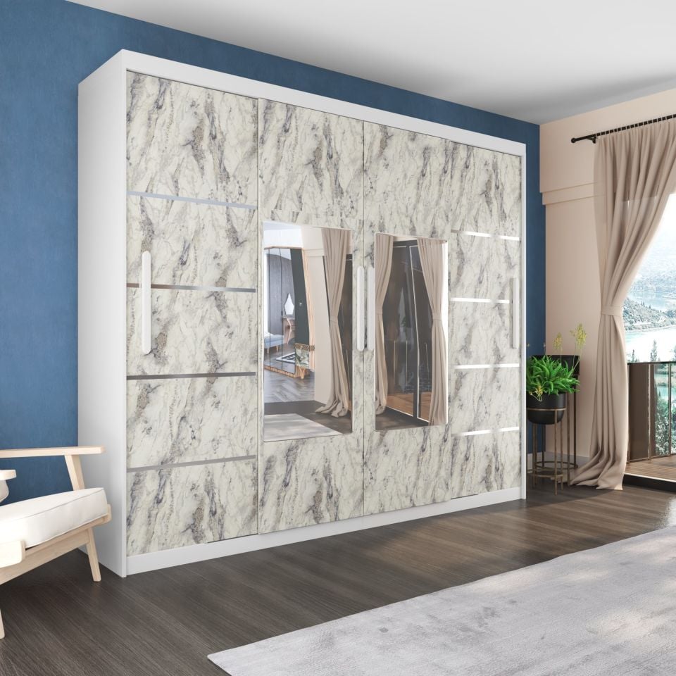 Sürgülü Gardırop Dört Kapaklı Aynalı 280/230cmP.BEYAZ FREZYA