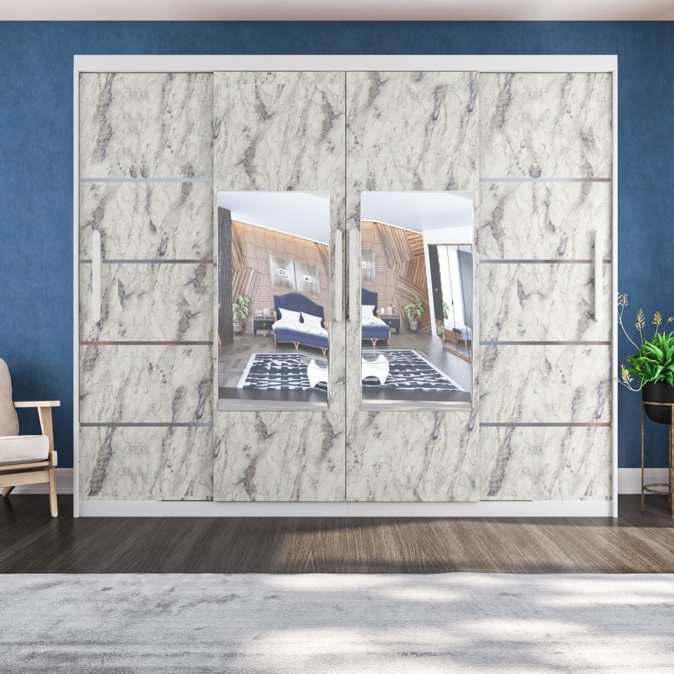 Sürgülü Gardırop Dört Kapaklı Aynalı 360/230cmP.BEYAZ FREZYA