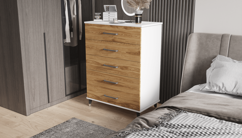 Şifonyer Beş Çekmeceli 90/45/120 cm (PARLAK BEYAZ+UD)