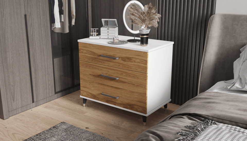 Şifonyer Üç Çekmeceli 80/45/75cm (PARLAKBEYAZ + UD)