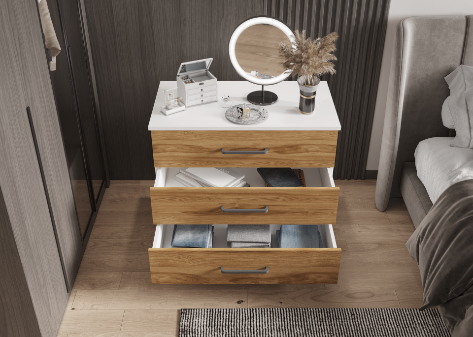 Şifonyer Üç Çekmeceli 80/45/75cm (PARLAKBEYAZ + UD)