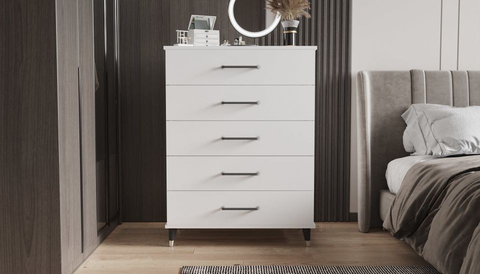 Sofya Şifonyer Beş Çekmeceli Aynalı Parlak Beyaz