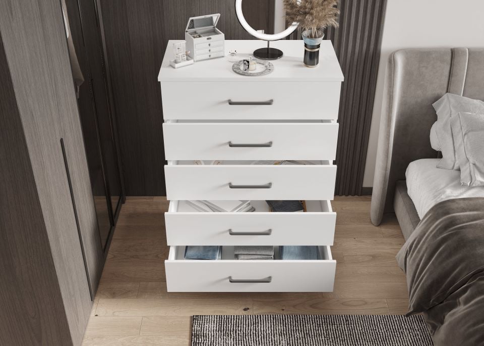 Sofya Şifonyer Beş Çekmeceli Aynalı Parlak Beyaz