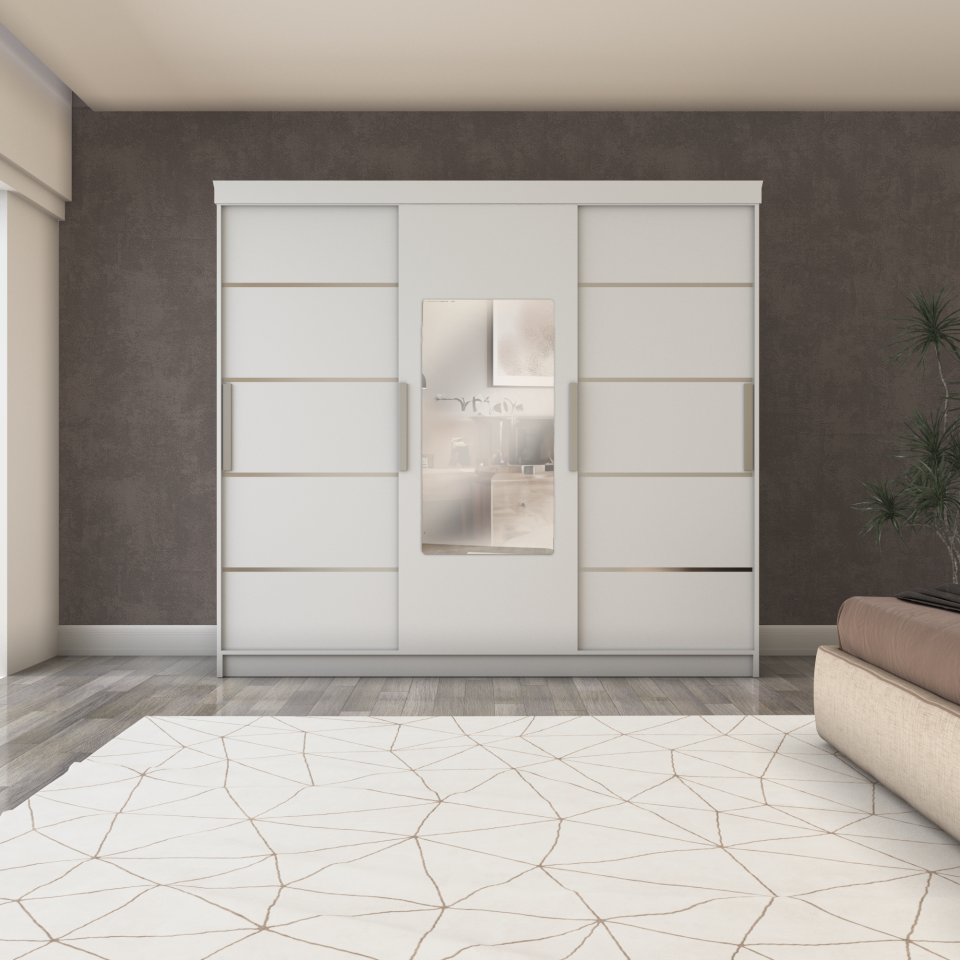 Üç Kapaklı Sürgülü Gardırop 240/210 Cm (PARLAK BEYAZ)