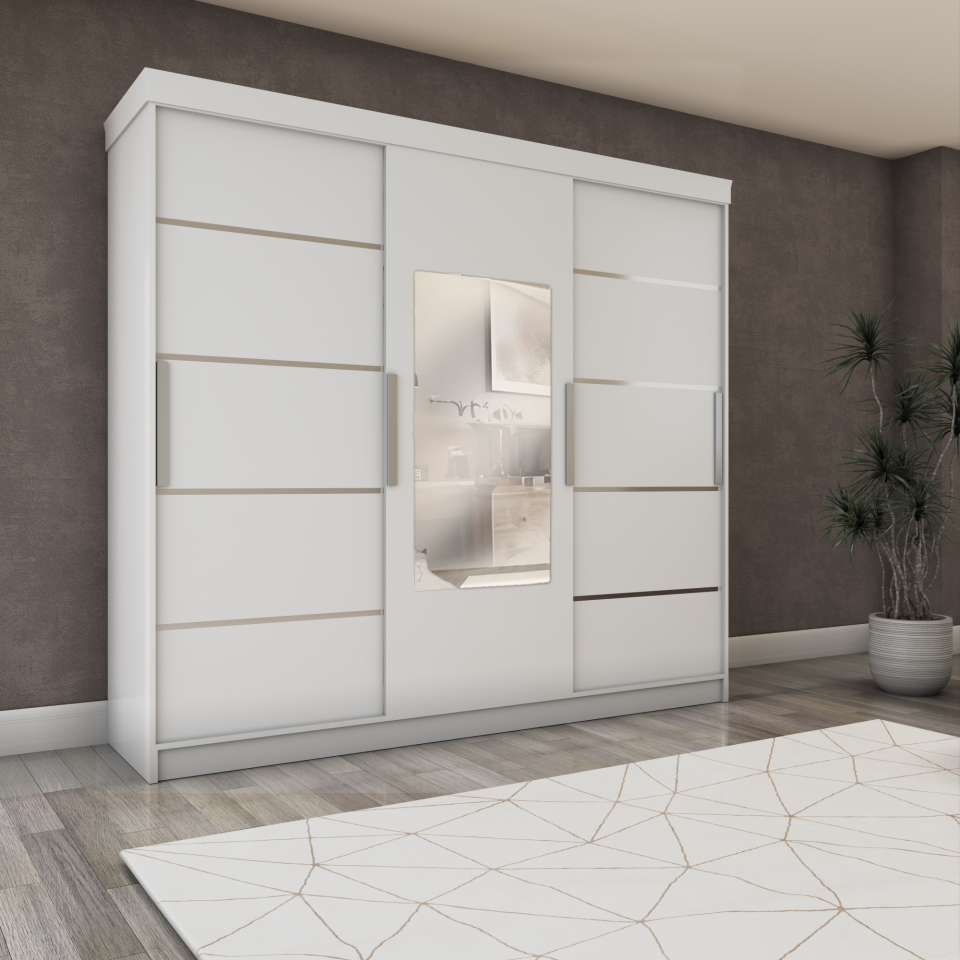Üç Kapaklı Sürgülü Gardırop 240/210 Cm (PARLAK BEYAZ)