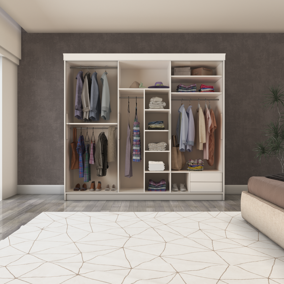 Üç Kapaklı Sürgülü Gardırop 240/210 Cm (PARLAK BEYAZ)