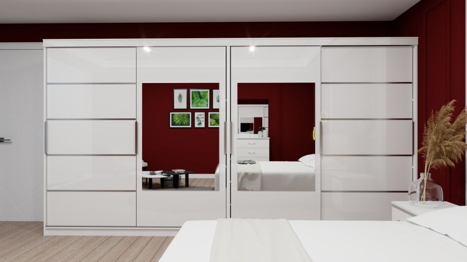 Sürgülü Gardırop Üç Kapaklı aynalı 280 Takım Şifonyer Ve Komodin