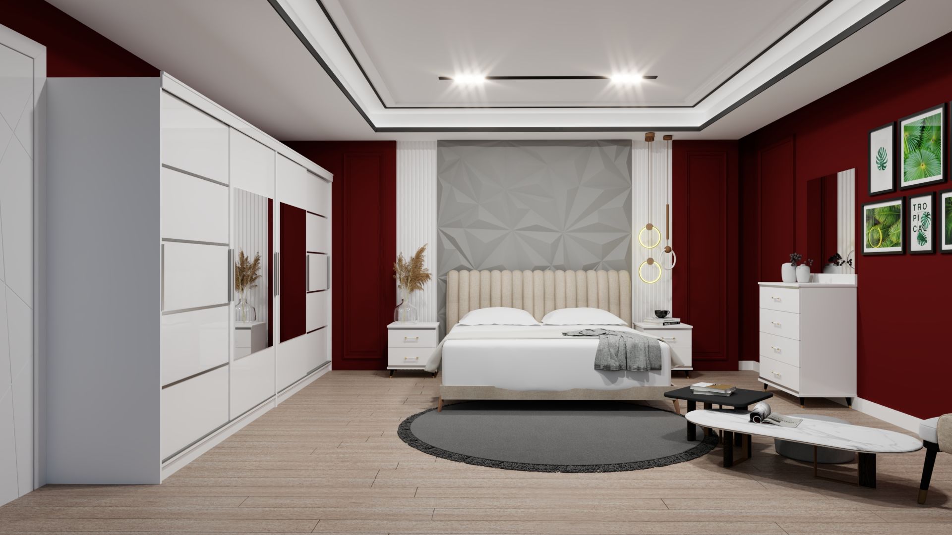 Sürgülü Gardırop Üç Kapaklı aynalı 280 Takım Şifonyer Ve Komodin