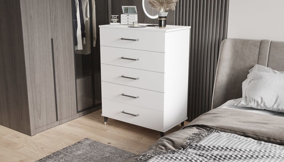 Sofya Şifonyer Beş Çekmeceli Aynalı Parlak Beyaz MDFLAM