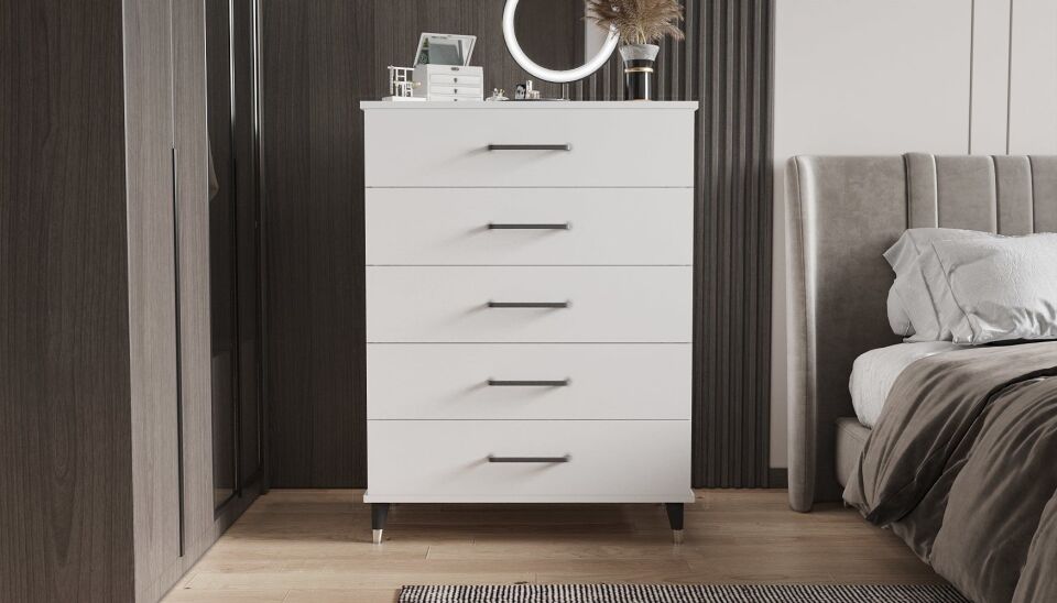 Sofya Şifonyer Beş Çekmeceli Aynalı Parlak Beyaz MDFLAM