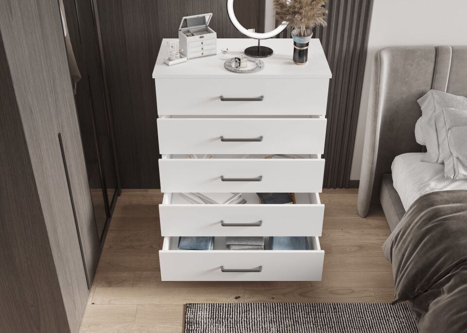 Sofya Şifonyer Beş Çekmeceli Aynalı Parlak Beyaz MDFLAM