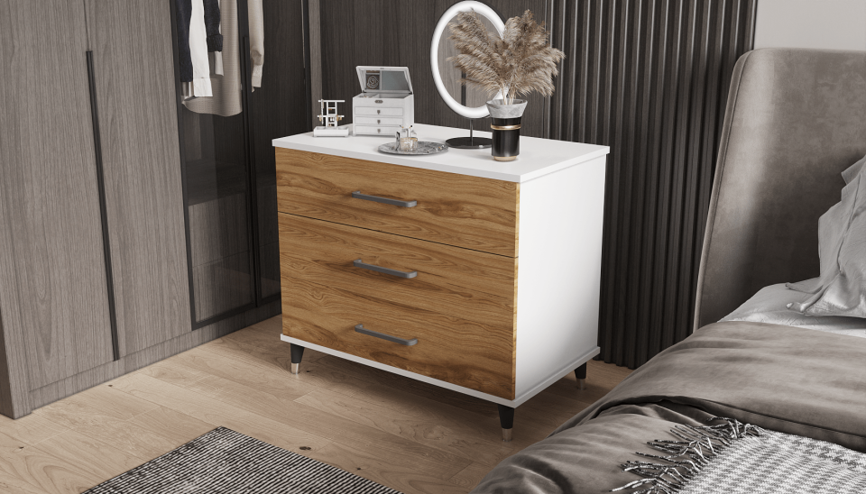 Şifonyer Üç Çekmeceli 80/45/75cm (PARLAKBEYAZ + UD)Mdflam