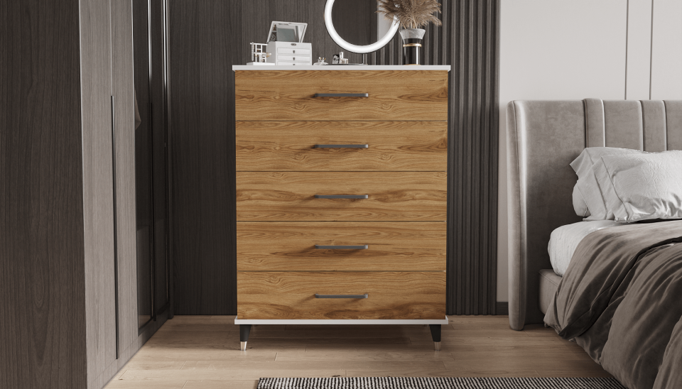 Şifonyer Beş Çekmeceli 90/45/120 cm (PARLAK BEYAZ+UD)Mdflam