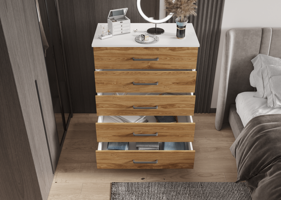 Şifonyer Beş Çekmeceli 90/45/120 cm (PARLAK BEYAZ+UD)Mdflam