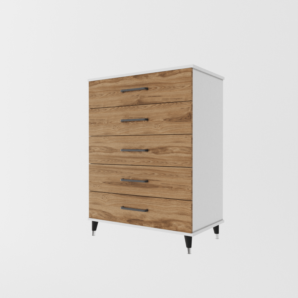 Şifonyer Beş Çekmeceli 90/45/120 cm (PARLAK BEYAZ+UD)Mdflam