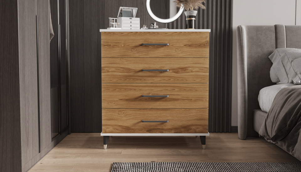 Şifonyer Dört Çekmeceli 80/45/90 cm (PARLAK BEYAZ+UD) MDFLAM