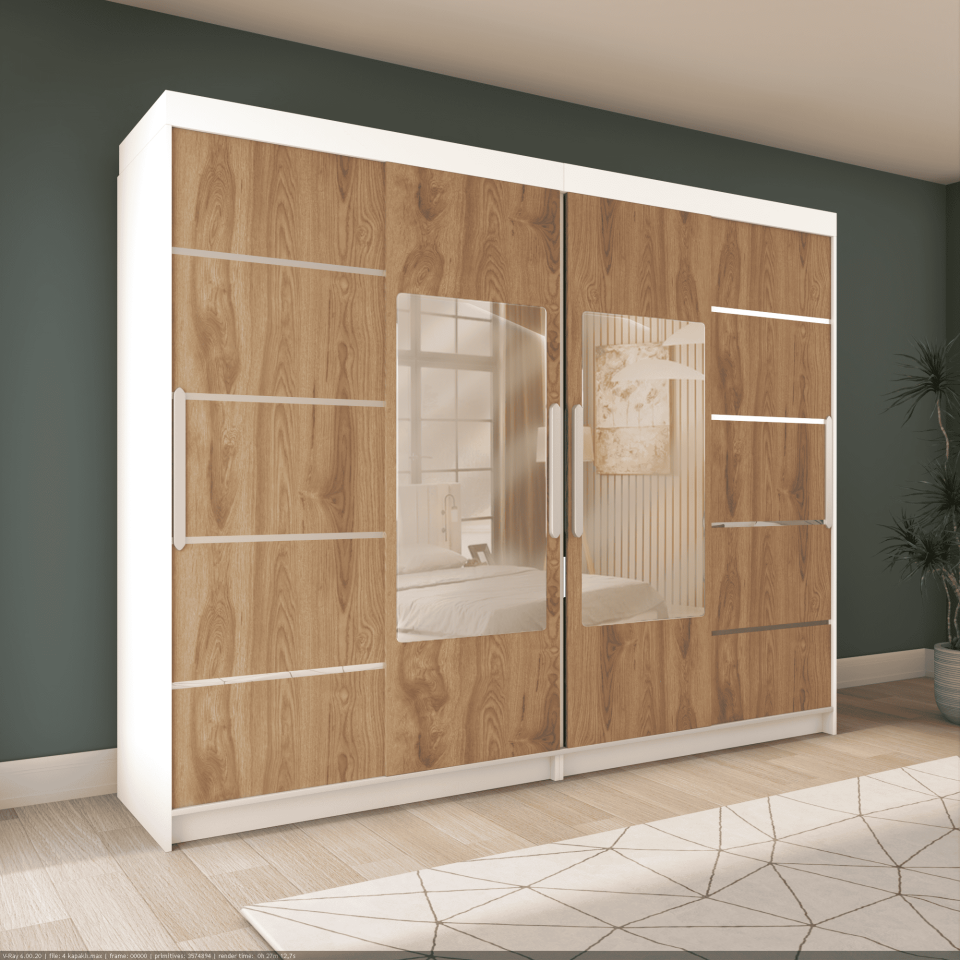 Sürgülü Gardırop Dört Kapaklı 280/210 cm (Parlak Beyaz + UD)Mdflam