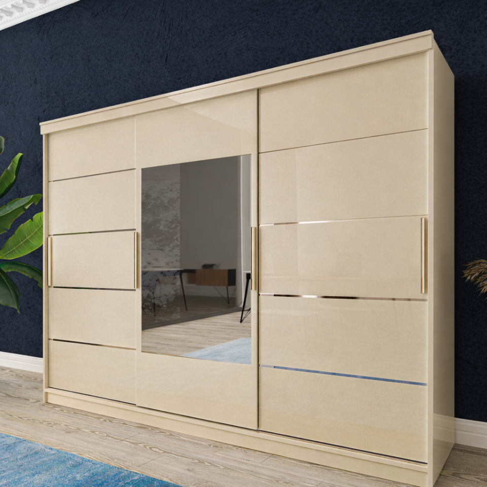 Sürgülü Gardırop Üç Kapaklı Aynalı 240/210cm Glossmax - Lak Panel