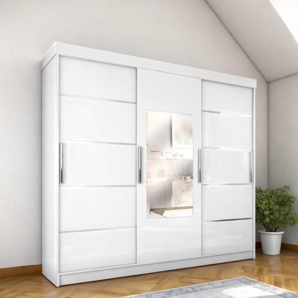 Sürgülü Gardırop Üç Kapaklı aynalı (275/210) Parlak Beyaz Mdflam